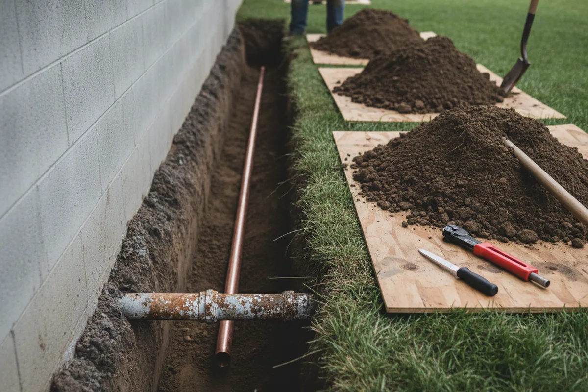 Excavated water line trench during Water Softener Installation in Burton